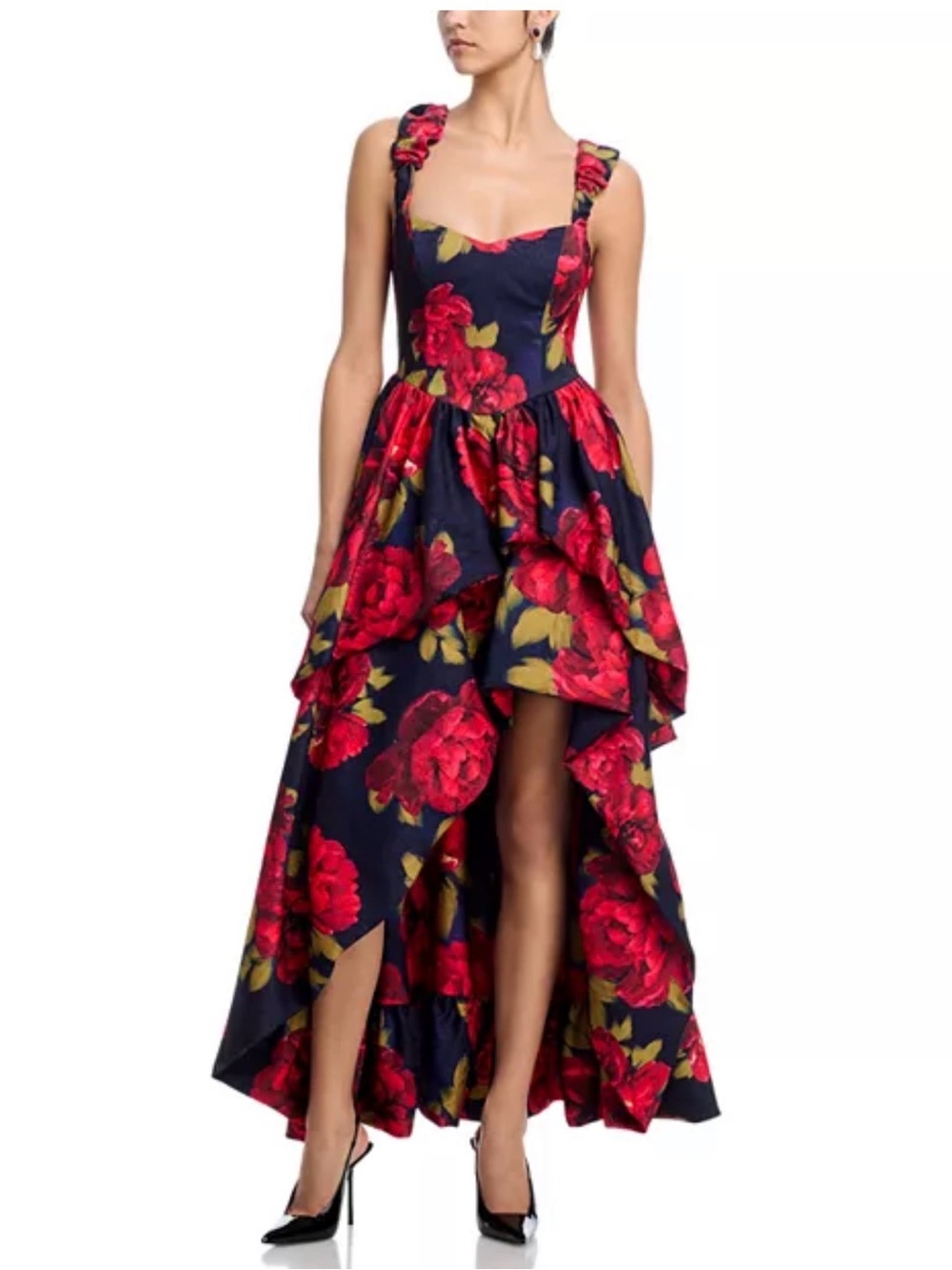 Bloomingdale’sxWuthering Heights Floral High-Low Corset Dress in Navy and Red
